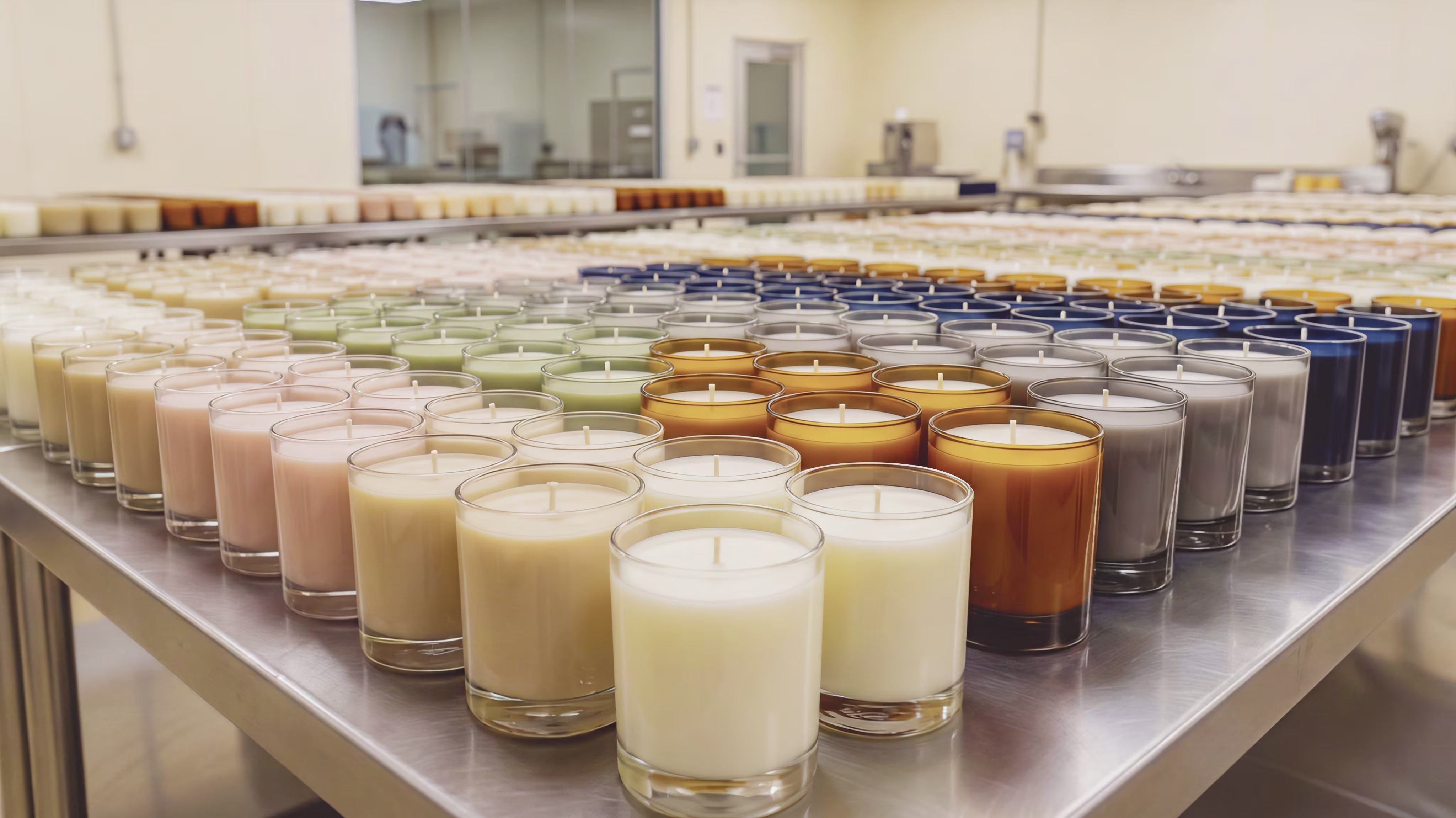 Scented candle manufacturing facility in India with artisan craftspeople producing luxury candles