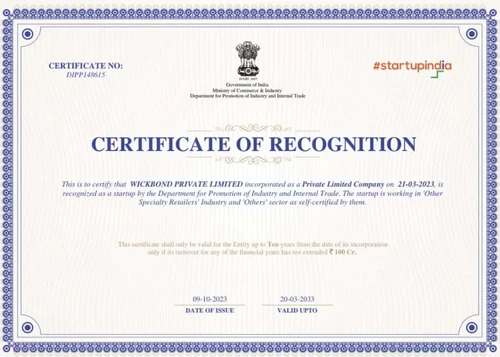 Wickbond Private Limited Startup India Certificate of Recognition issued by DPIIT